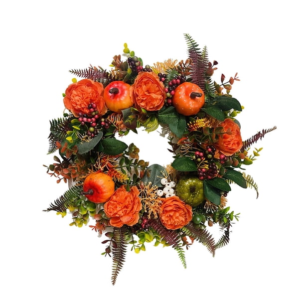 Corona de Peonías de Acción de Gracias, Elegante Diseño Otoñal, Decoración de Calabaza y Hoja de Arce, Versátil para Interiores y Exteriores, Ideal para Fiestas Navideñas, Fácil de Colgar, 1 Pieza, 2