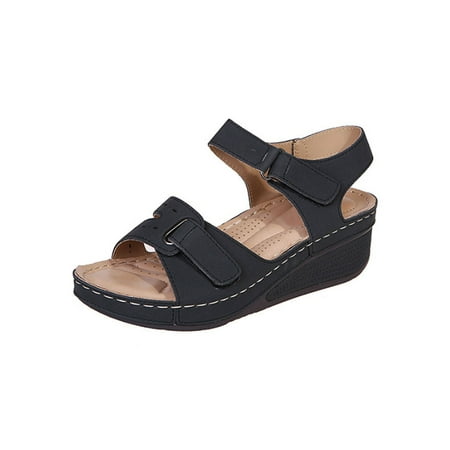 

UKAP Ladies Dress Shoe Summer Heeled Sandal Ankle Strap Wedge Sandals Magic Tape Comfort Shoes Women Peep Toe Arch Support Black 5