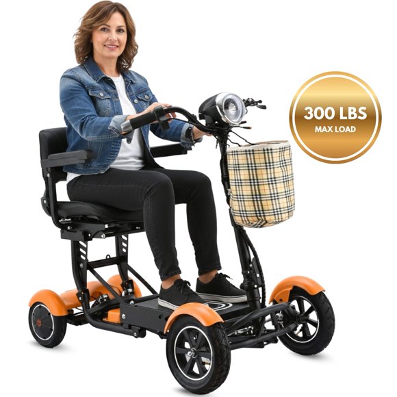 Trottinette de Mobilité à 3 Niveaux de Vitesse avec Siège Haut de Gamme et Panier avant pour Aînés et Personnes Âgées, Fauteuil Roulant Électrique Tout-Terrain à 4 Roues pour le Voyage - Orange Mat