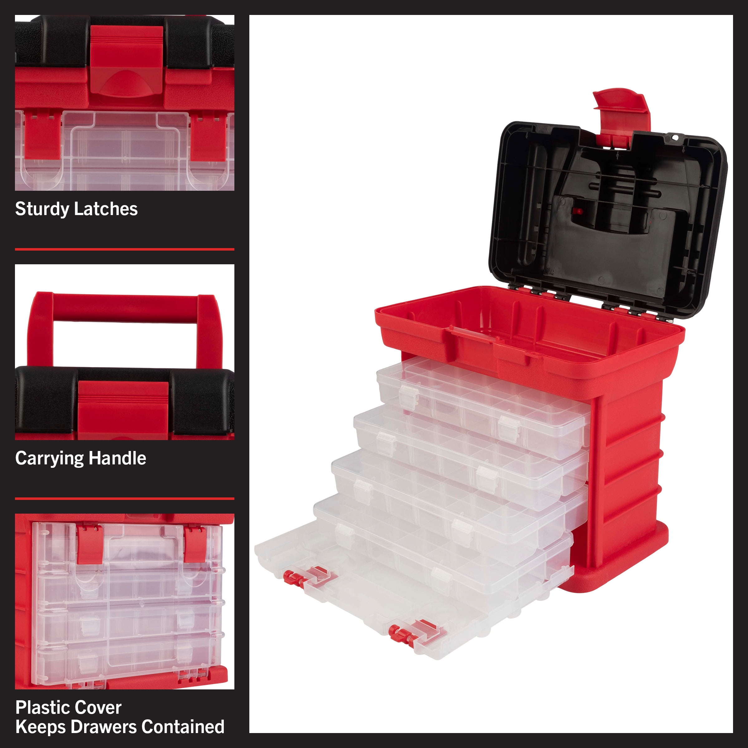 Stalwart Small Parts Organizer Toolbox for Hardware, Tackle, or Crafts, Red