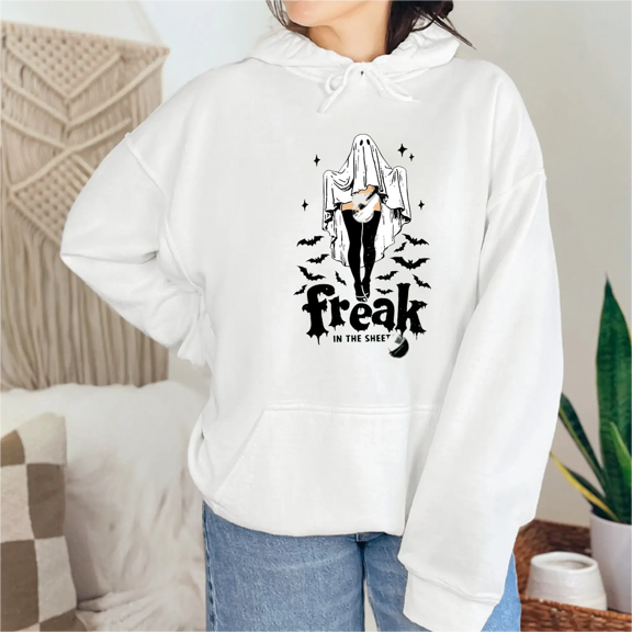 Funny Sheet Ghost Print Long Sleeve Tops Humor Halloween Graphic Tees Hoodies Casual Pullover Retro Sweatshirts Cotton Shirts for Daily Outfits White,S