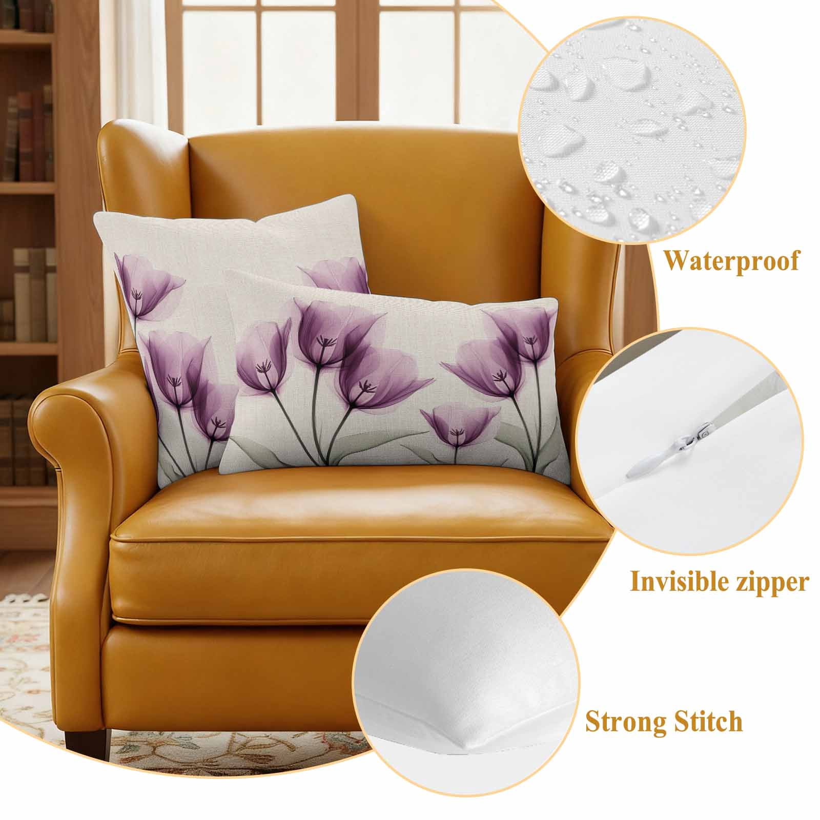 Spring Floral Pillow Covers 2 Pack Watercolor Flowers Purple Tulip Linen Texture Pillowcase Waterproof Outdoor Throw Pillow Cover for Patio Garden Square Cushion 24”x24”