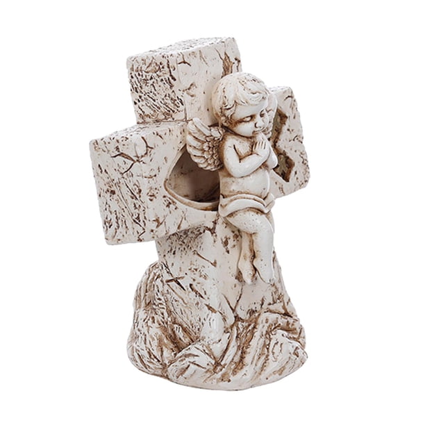 Estatua de cruz, figura coleccionable de escritorio, escultura para jardín o macizo de flores 9.5x6x11cm Blanco