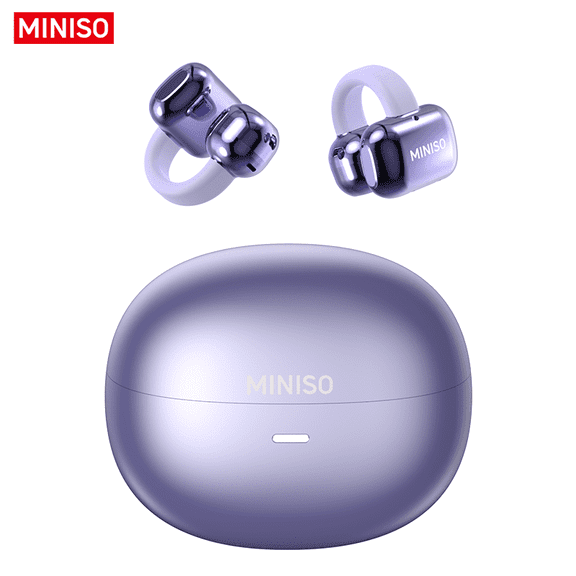 Clip-on Earbuds, Miniso MS198 AI Real-Time Translation Wireless, Open Ear Bluetooth 5.4, 130  Languages, IPX5 Waterproof for Travel/Gym,Type-C Fast Charge, Purple