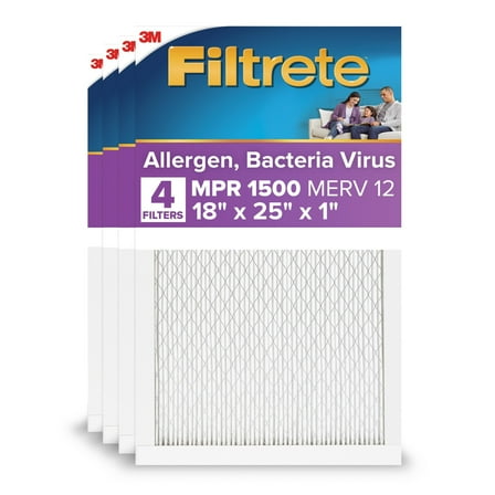 Filtrete 18x25x1 HVAC Furnace Air Filter, MPR 1500 MERV 12, Allergen, Bacteria, Virus, 4 Pack