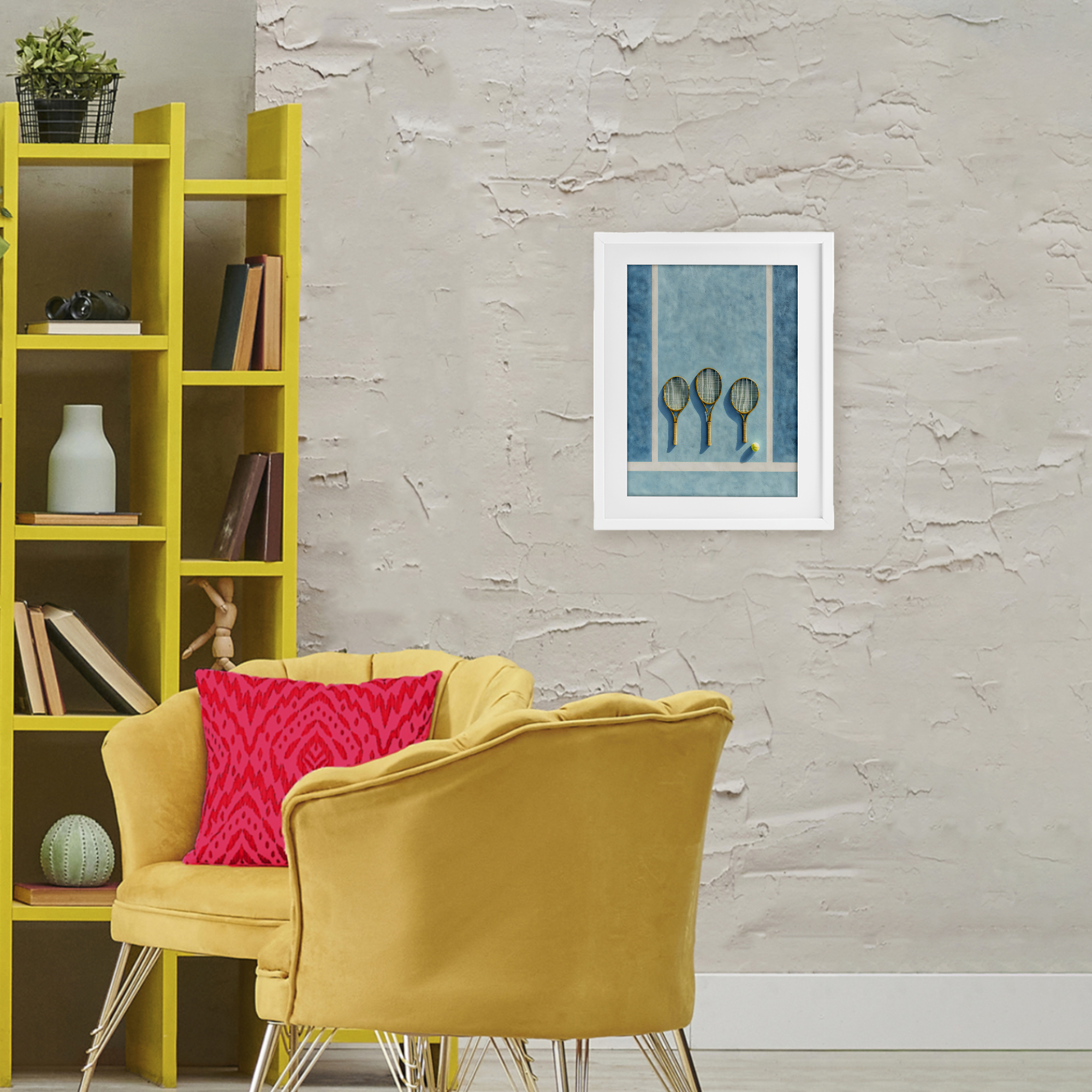Tennis Racket Trio White Framed Print Under Glass, design by Franklyn Gregory
