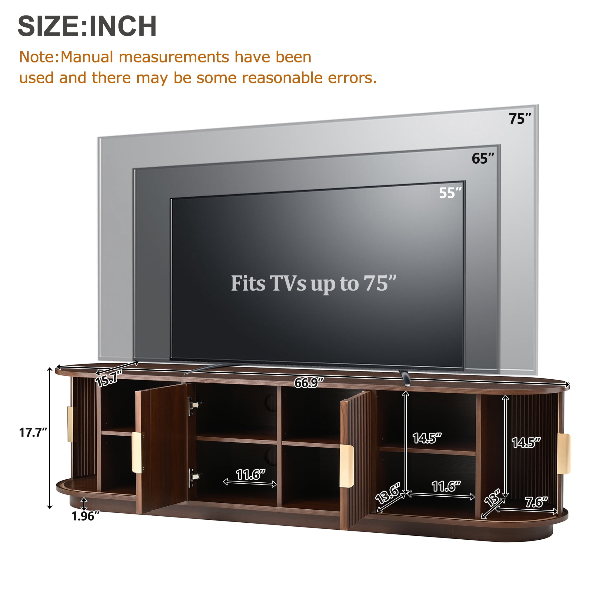 Euroco Farmhouse Wooden TV Stand with Sliding Tambour Door for TVs up to 75", Fluted Media Console with Adjustable Storage, Golden Handle TV Cabinet with Cable holes for Living Room