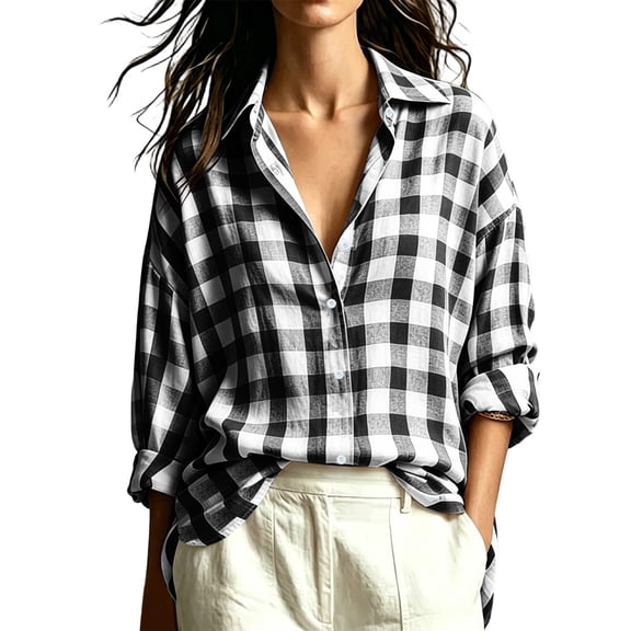 hoksml Women's Gingham Plaid Button Down Shirt, Drop Shoulder Oversized Blouse with Lapel Collar, Rolled Cuffs and Relaxed Fit