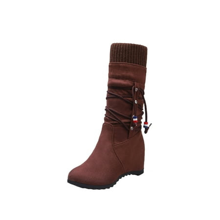 

jsaierl Women s Suede Mid Length Boots With Inner Raised Round Head Ethnic Style Wool Barrel