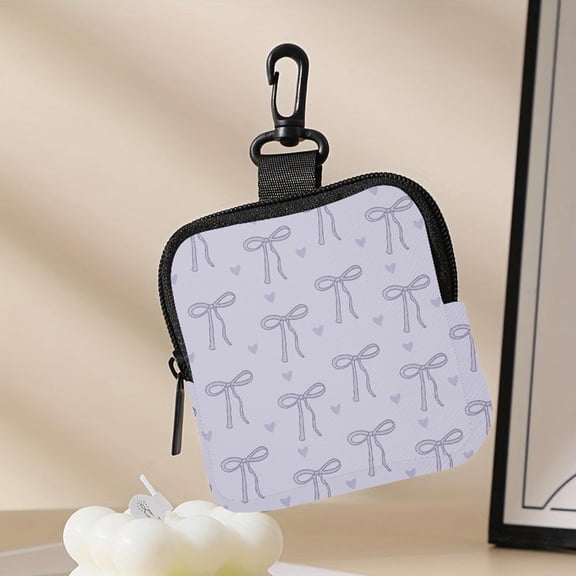 Cute Bow Print Faux Leather Coin Purse Waterproof Mini Clip-On Wallet for Coins, Cards, Small Essentials