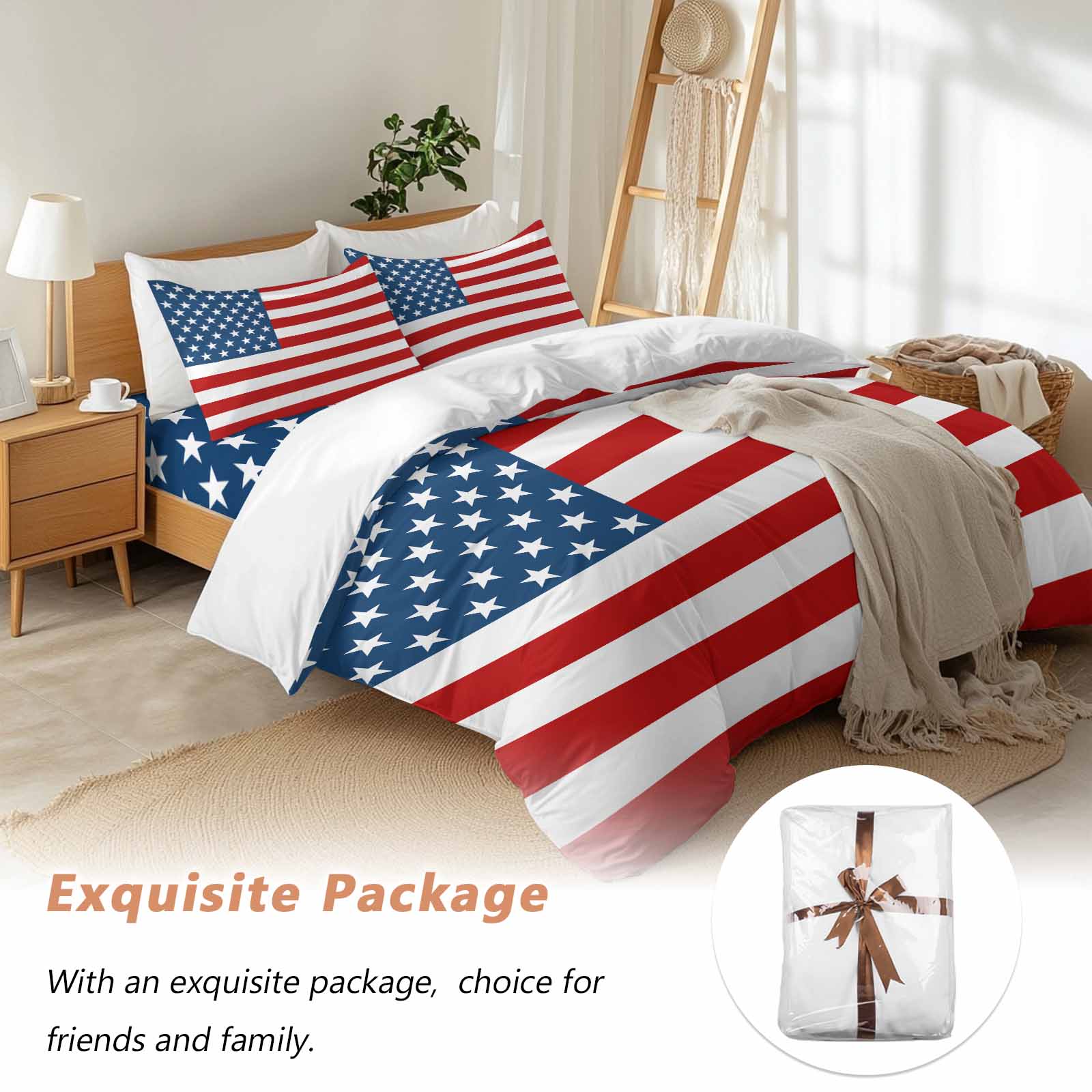 American Flag Duvet Cover Set, Blue Red USA Flag Soft Duvet Cover Full Size Bedding Set 4 Pieces, 1 Quiltcover and 2 Pillowcases with Zipper, 1 Bed Sheet for All Seasons