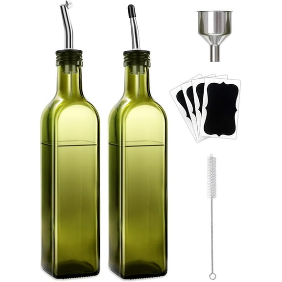 2-Piece Glass Olive Oil & Vinegar Dispenser Set – 500ml Bottles with Stainless Steel Pourers, 4 Labels, Brush & Funnel, Kitchen Cruet Set