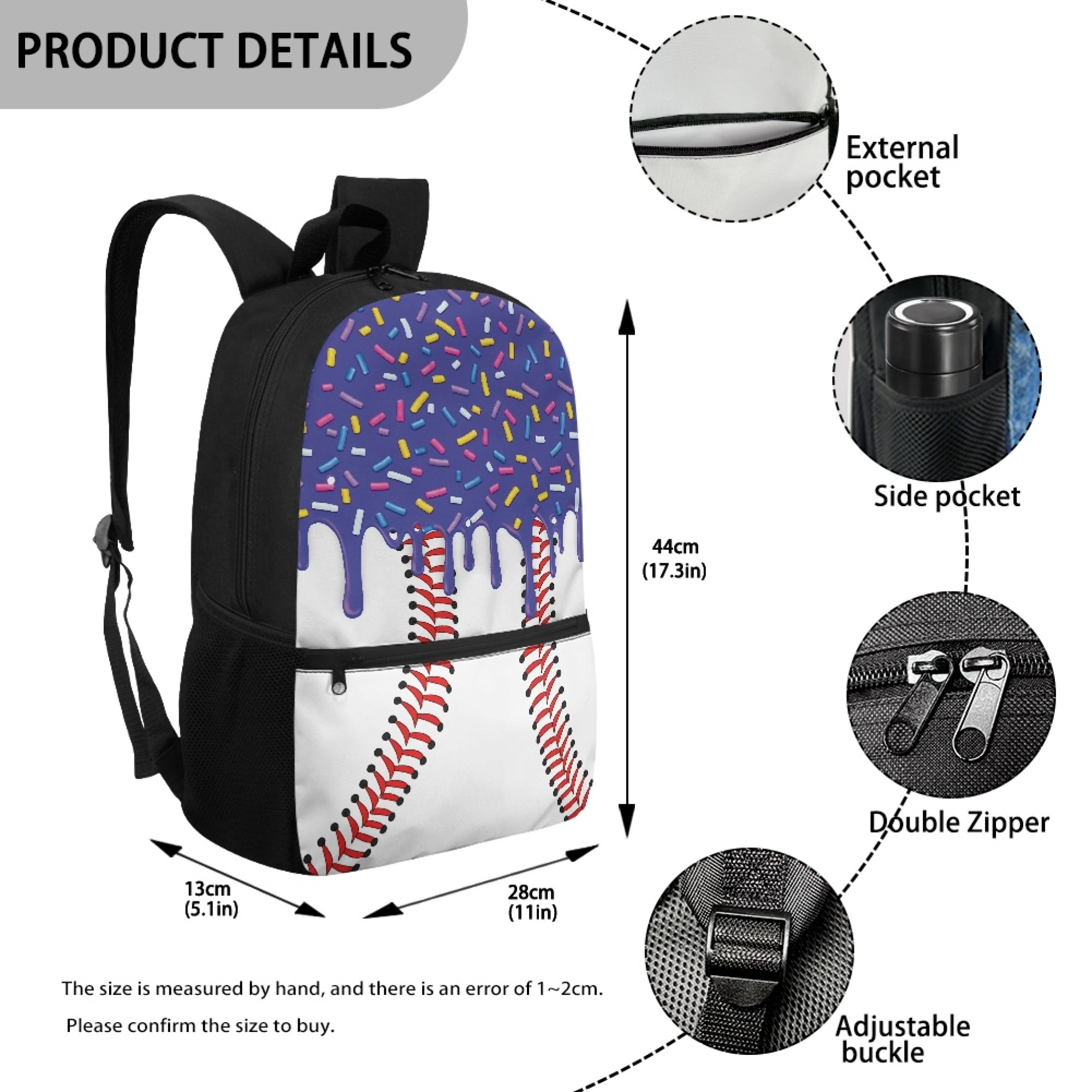 Uourmeti Baseball Sprinkle Drip Pattern Side Mesh Pockets Backpack, 17 Inchs Multiple Pockets Polyester Backpack Smooth Zippers Daypack for Adults