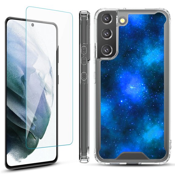Shockproof Bumper Phone Case for Samsung Galaxy S22 / S22 Plus 5G, with Tempered Glass Screen Protector, by OneToughShield ® - Cosmos/Stars