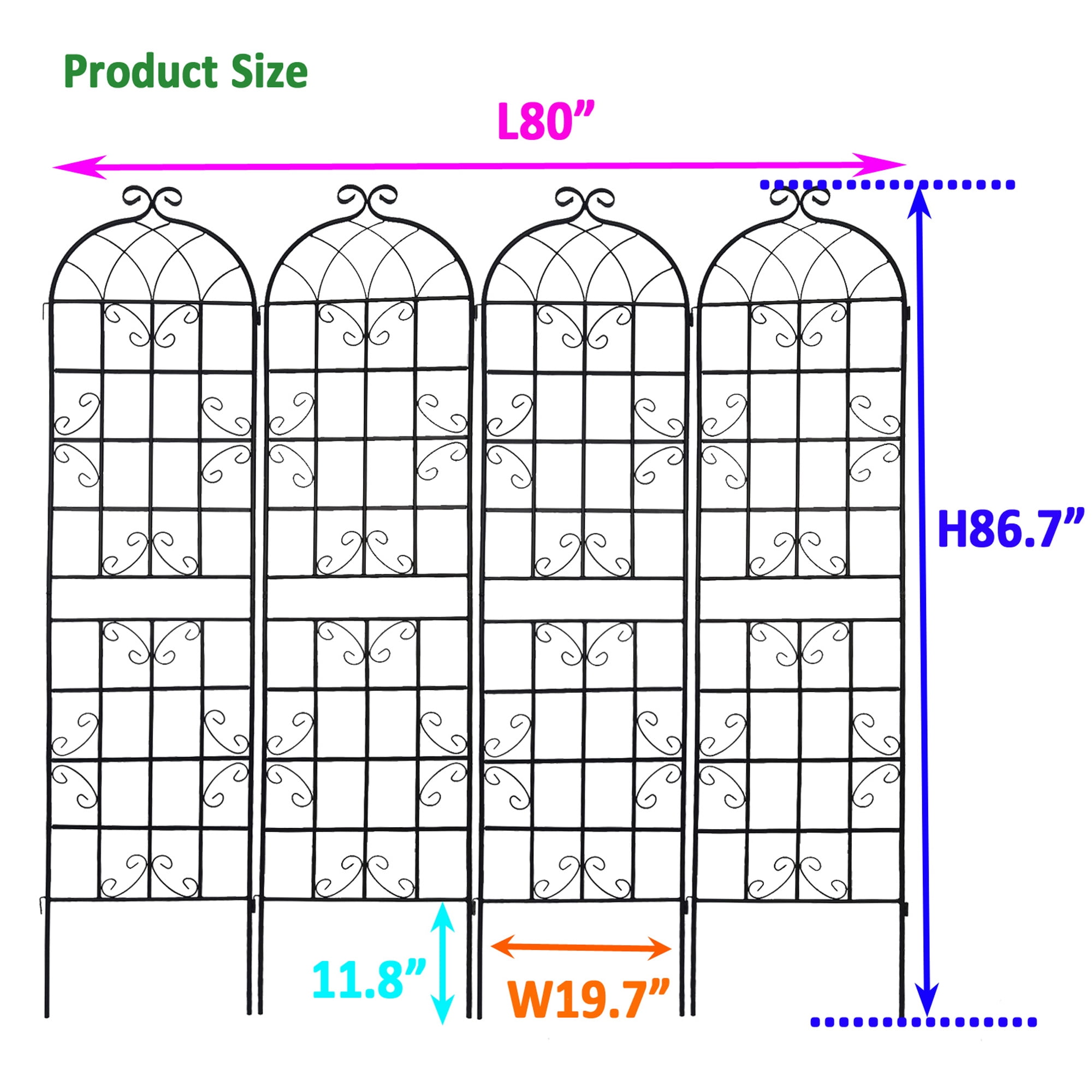 CQSXDA 4 Pack Large Garden Trellis 86.7"H x 19.7" W Heavy Duty Rustproof Black Iron Plant Trellis for Potted Plant Support Metal Climbing Rose Trellis Vine Vegetable Cucumber
