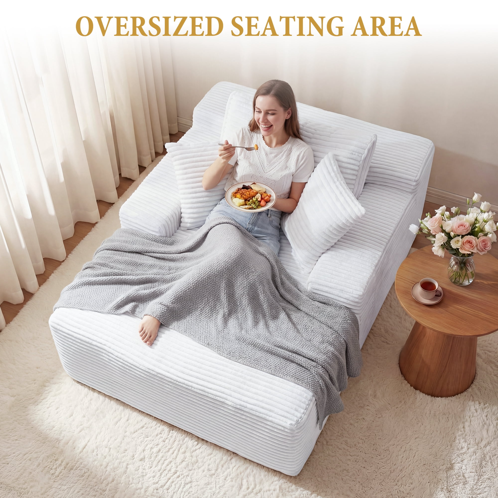 67" Corduroy Boneless Chaise Sofa for Living Room, 9.9'' Wide Armrest Lounge Chair, Indoor Oversized Sleeper Sofa, Deep Seat, 3 Soft Pillows Sofa Bed, No Assembly Required, White