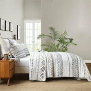 Bedduvit 100% Cotton King Size Quilt Set - Bohemian White & Charcoal Geometric Striped Quilt King, Boho Breathable Bedspread for All Season, 3-Piece Lightweight Summer Comforter Bedding Set, 98x106