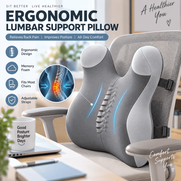 Memory foam lumbar support pillow for office car gaming chair, lower back pain relief.