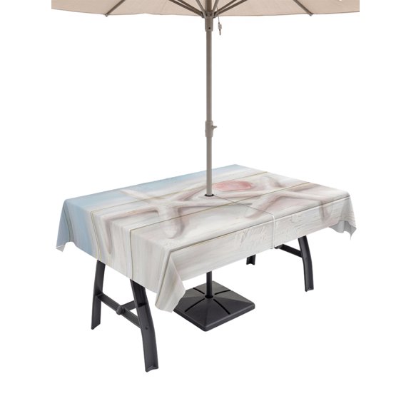 Outdoor Tablecloth with Umbrella Hole for Patio/Picnic/Party/Camping, Coastal Beach Waterproof Table Cloth Rectangle Table Cover Washable, Summer Nautical Starfish Shell Wooden Gray Blue (54"x 80")