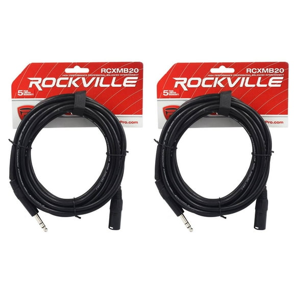 2 Rockville RCXMB20-B Black 20' Male REAN XLR to 1/4'' TRS Balanced Cables