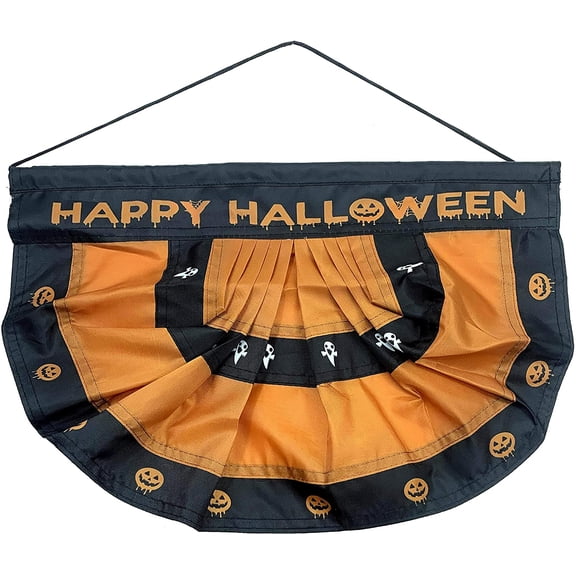 Happy Halloween Pumpkins Bunting Flag – 10” x 16”, Orange & Black Door Hanger, Jack-O-Lanterns, Ghosts, Fall Decor