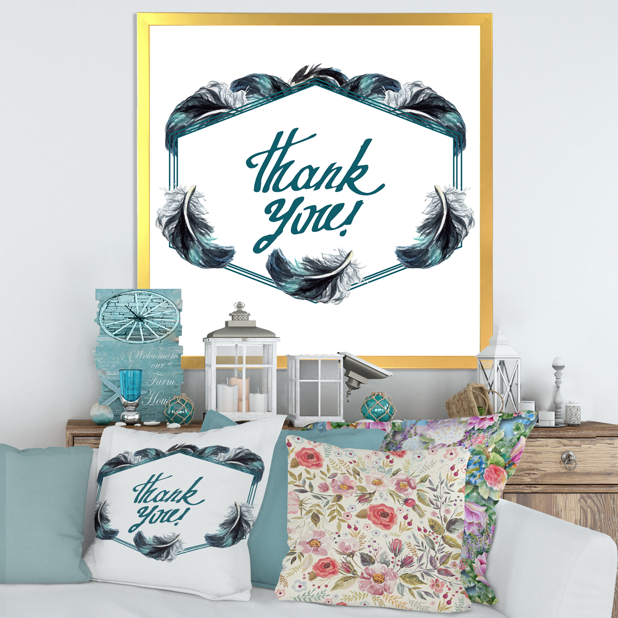 Designart 'Black Boho Art Feathers Thank You' Bohemian & Eclectic Framed Art Print