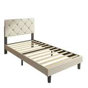 LEGAHOME Twin Size Upholstered Platform Bed, New Upgraded Upholstered Platform Bed with Headboard, Modern Single Bed Frame for Kids Teens Boys Girls, Twin Bed Frame No Box Spring Needed, Beige