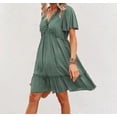 thumbnail image 2 of Mutural Summer Beach Dress Ladies Short Sleeve Solid Color Purfle Lace V Neck Mini Sundresses For Women Large Green, 2 of 5