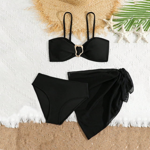 Traje de baño de 2 piezas para mujer, trajes de baño para mujer, bikini de tirantes de color liso para niñas, traje de baño playero con falda de malla, traje de baño para niña