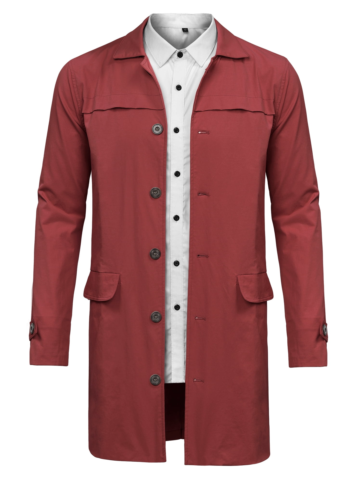 DARING DIVA Men's Trench Coat Lightweight Single Breasted Jacket Overcoat S Burgundy