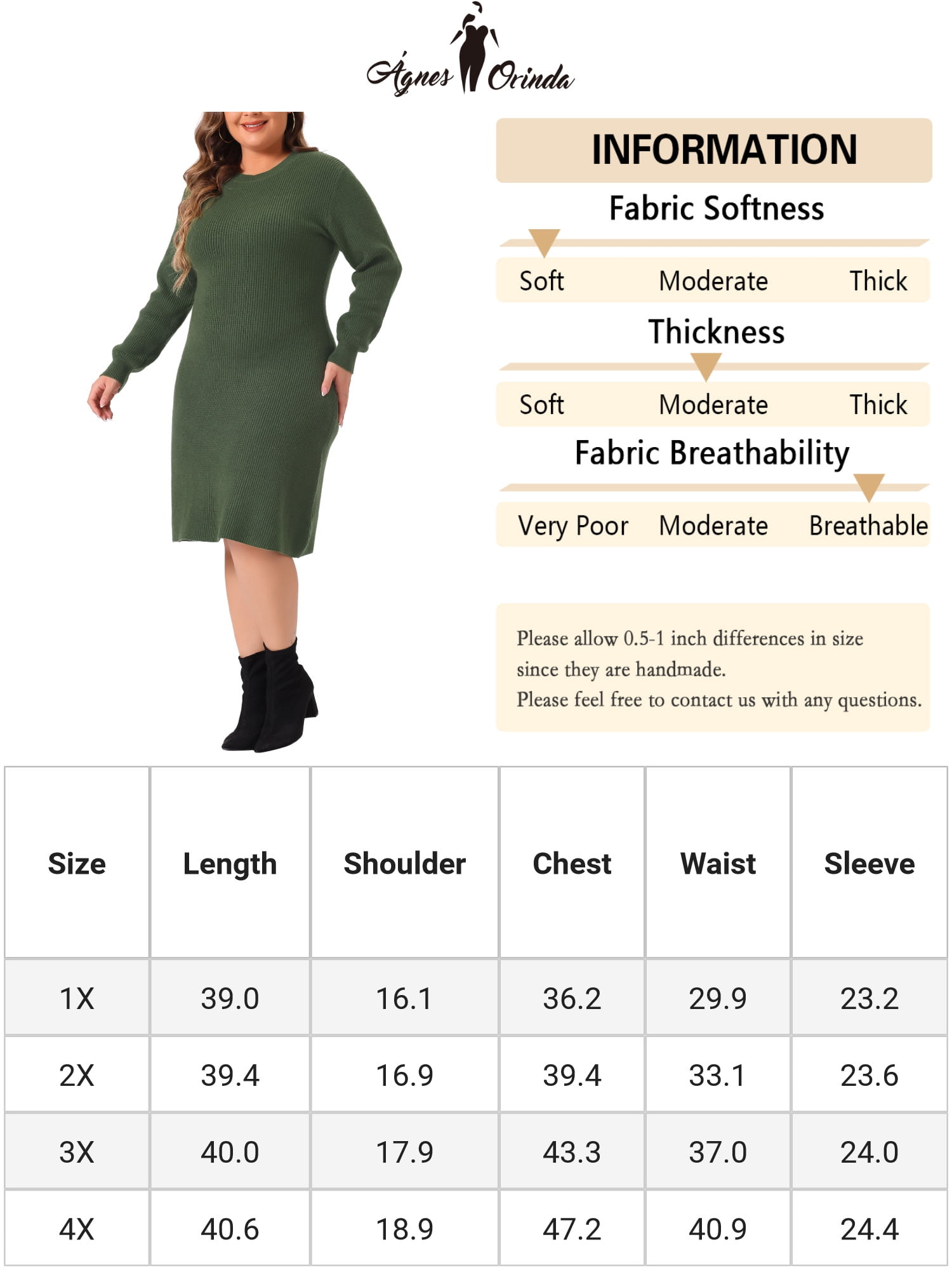DARING DIVA Plus Size Sweater Fall Crew Neck Long Sleeve Dress 3X Army Green