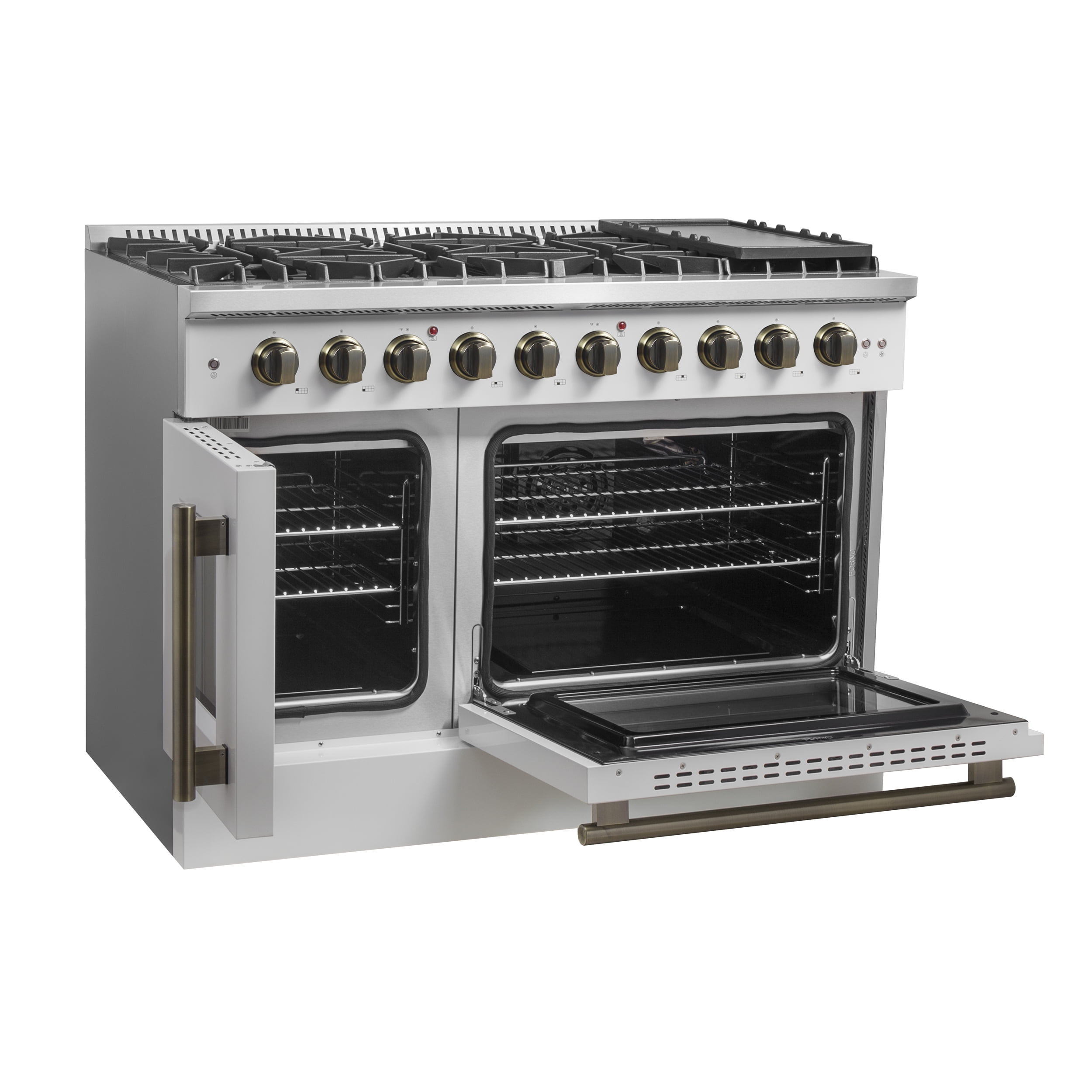 Forno Galiano 48-Inch Freestanding French Door Gas Range, White & Antique Brass