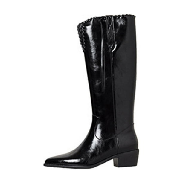 MAWCLOS Ladies Riding Boots Pointed Toe Fashion Booties Chunky Block Heel V cut Knee High Boot Pull On Party Tall Bootie Black 5
