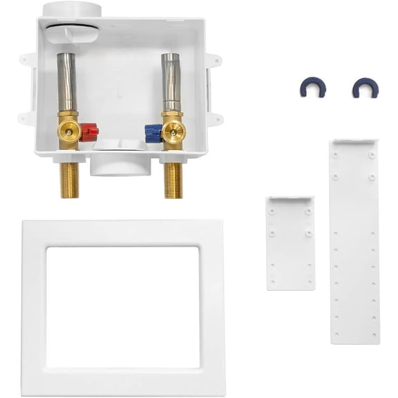 Laundry Washer Outlet Box - 1/2" Push-Fit White Box with Center Drain and Stainless Steel Water Hammer Arrestor