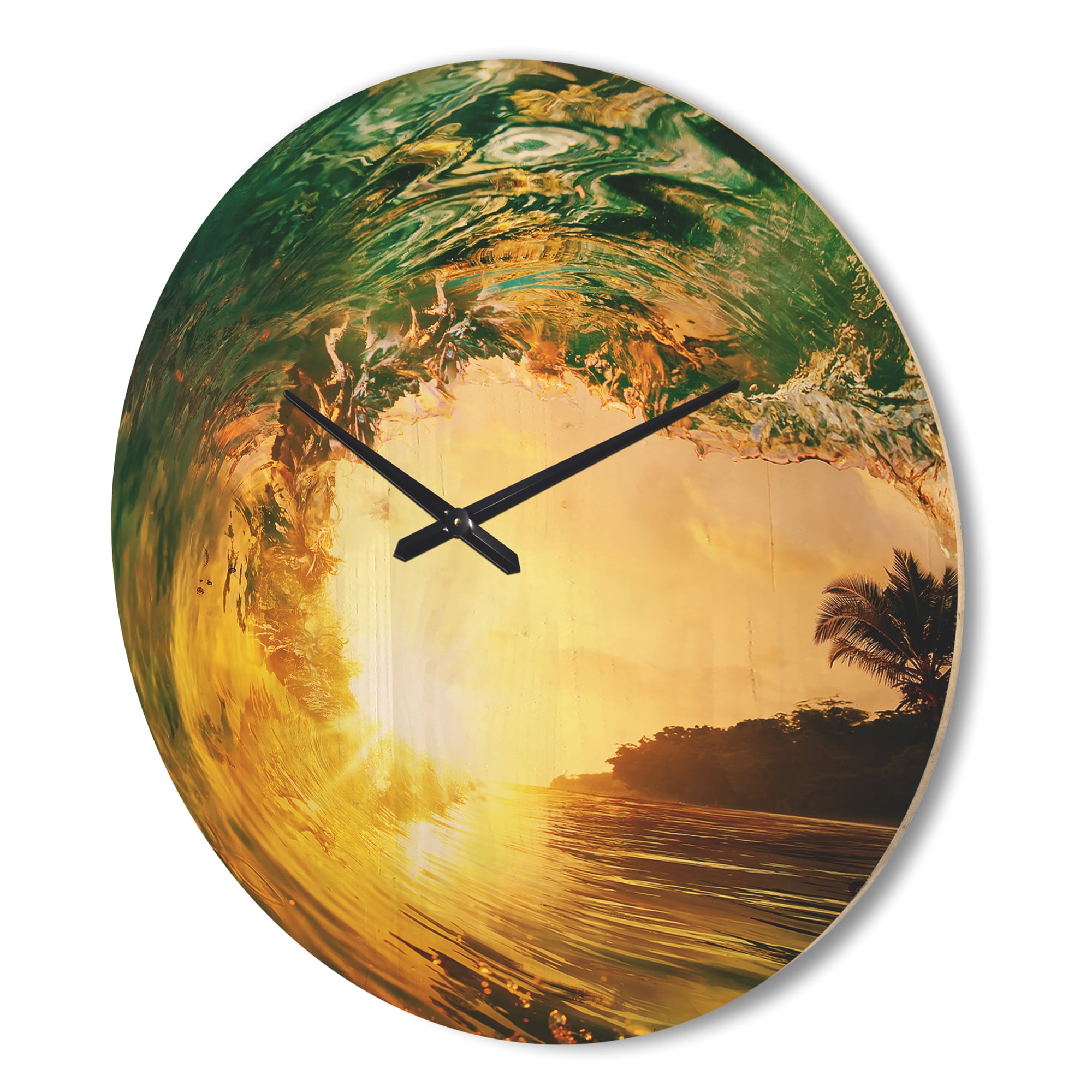 Designart 'Colored Ocean Waves Falling Down At Sunset IV' Coastal Wood Wall Clock