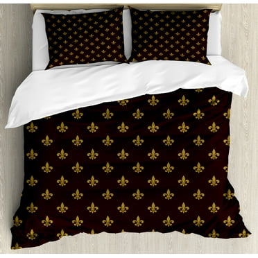 Fleur De Lis Queen Size Duvet Cover Set, French Inspired Royal Pattern European Culture Abstract Vintage Renaissance, Decorative 3 Piece Bedding Set with 2 Pillow Shams, Redwood Gold, by Ambesonne