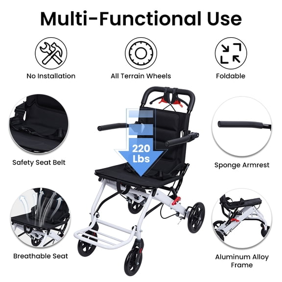 Thehsnt Ultra Lightweight Folding Travel Wheelchair for Adults & Seniors, 13.66 lbs Portable Aluminum Transport Chair