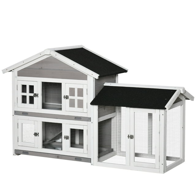 PawHut 59" Wooden Rabbit Hutch 2 Tier Bunny House Pet Playpen Enclosure for Indoor Outdoor with Slide-out Tray, Ramp, for Rabbits and Small Animals, Grey