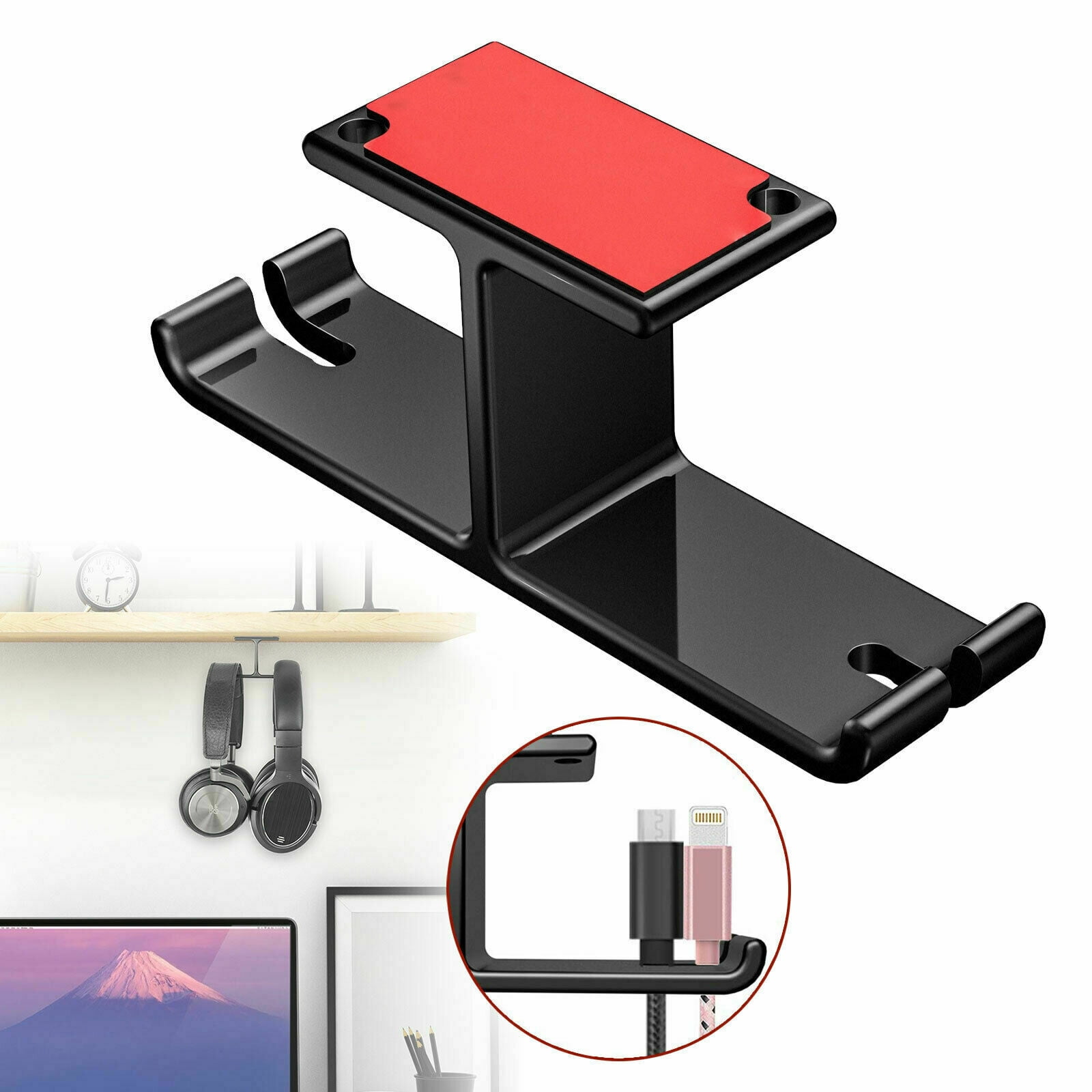 Aluminum Headphone Hanger Hook Tape Under Desk Dual Headset Mount