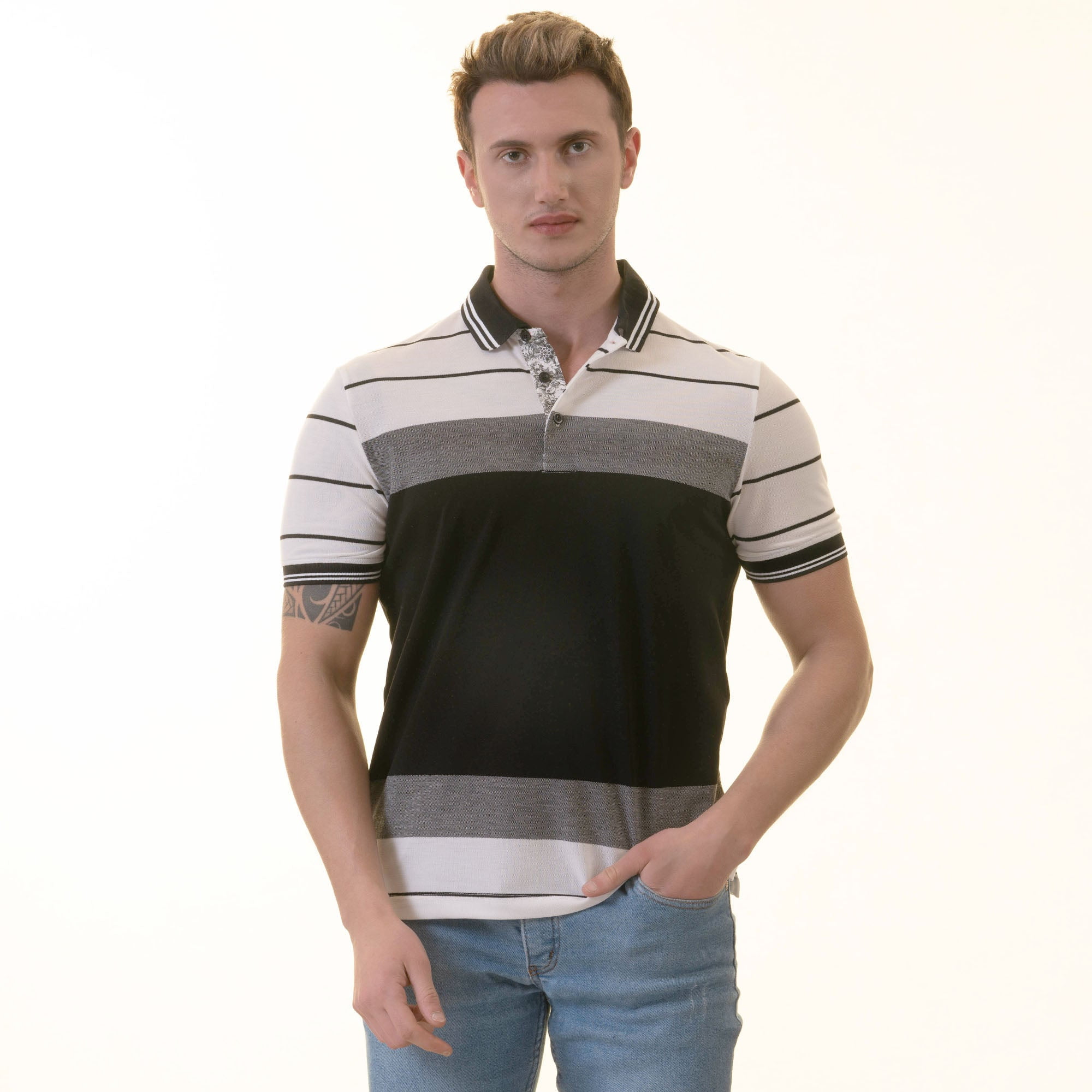 Celino White Black Striped Special Cut Polo Shirt Mens Slim Fit Polo Shirts 100 Soft Cotton Tailored Comfortable Fit Small
