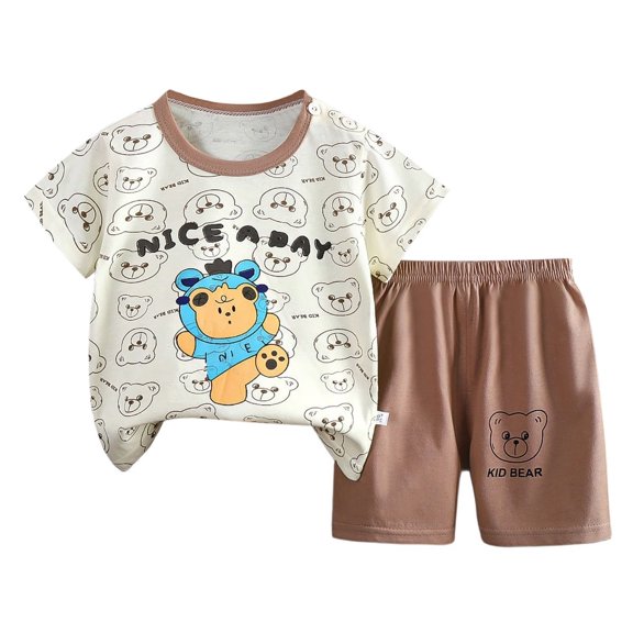 XUELUO Baby Boys Casual Outfit Sets Summer Cartoon Animal Print Crew Neck Short Sleeve Tshirts Tops And Shorts 2 Piece Outwear,Brown,3-6 Months