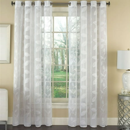Linden Leaf - Avery Semi-Sheer Faux Linen Grommet Window Curtain Panel with Embroidered Leaf Pattern 53