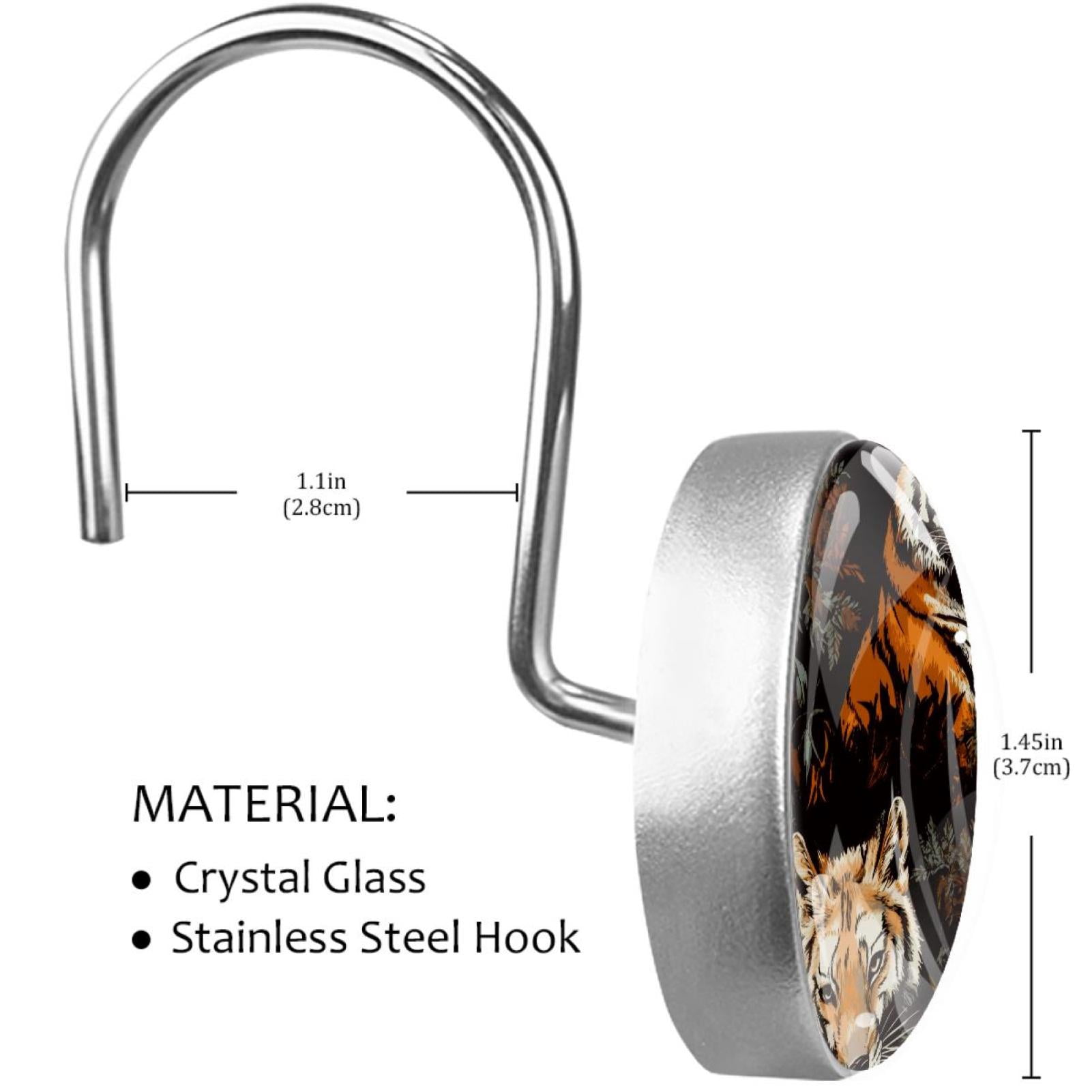 Tiger Fox Wolf Shower Curtain Hooks Round Crystal Glass, Set of 12 Shower Curtain Rings - Shower Hooks for Curtain Shower Rings