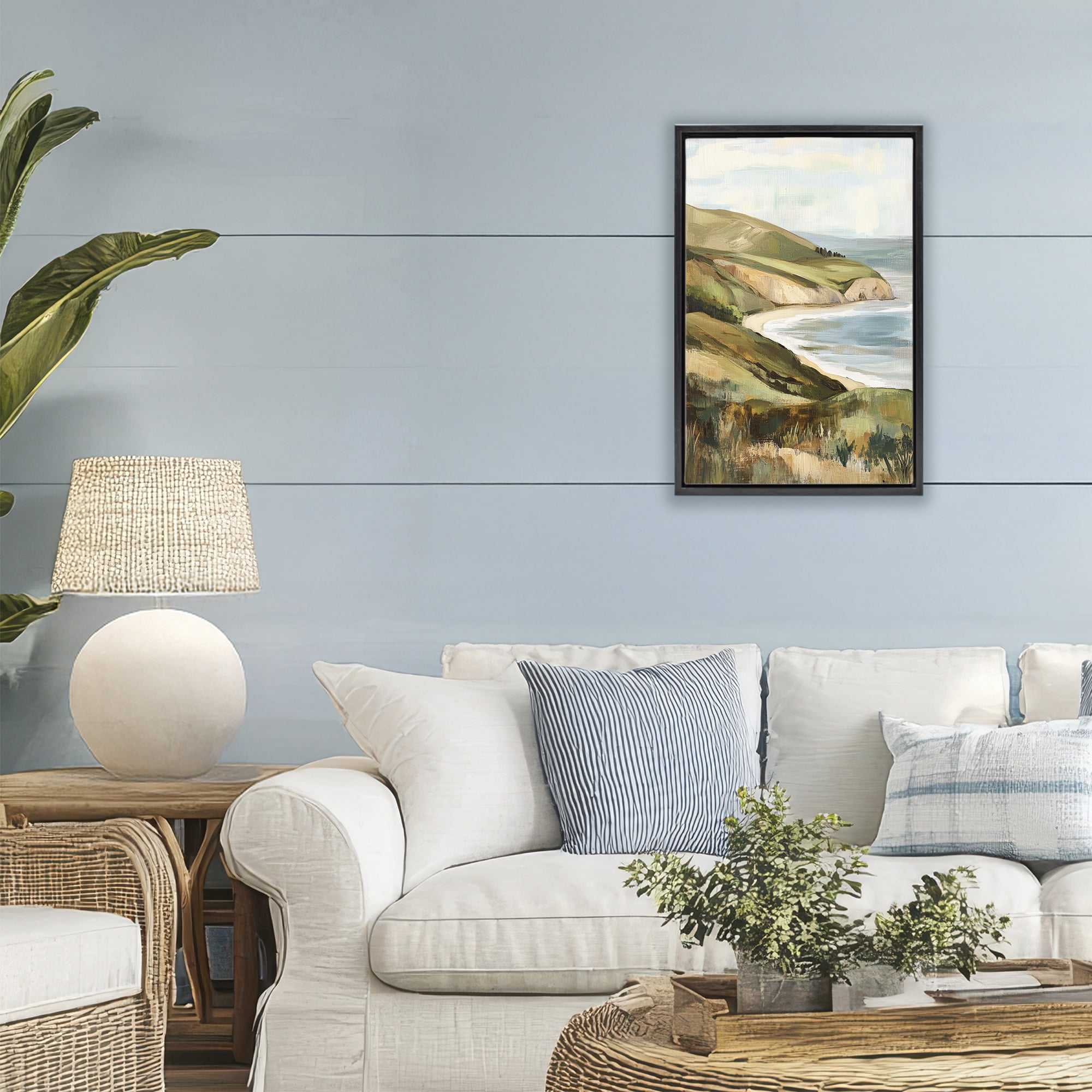 Stupell Industries Painted Cliffside By The Sea Black Framed Floater Canvas Wall Art, design by Petal Prints Design