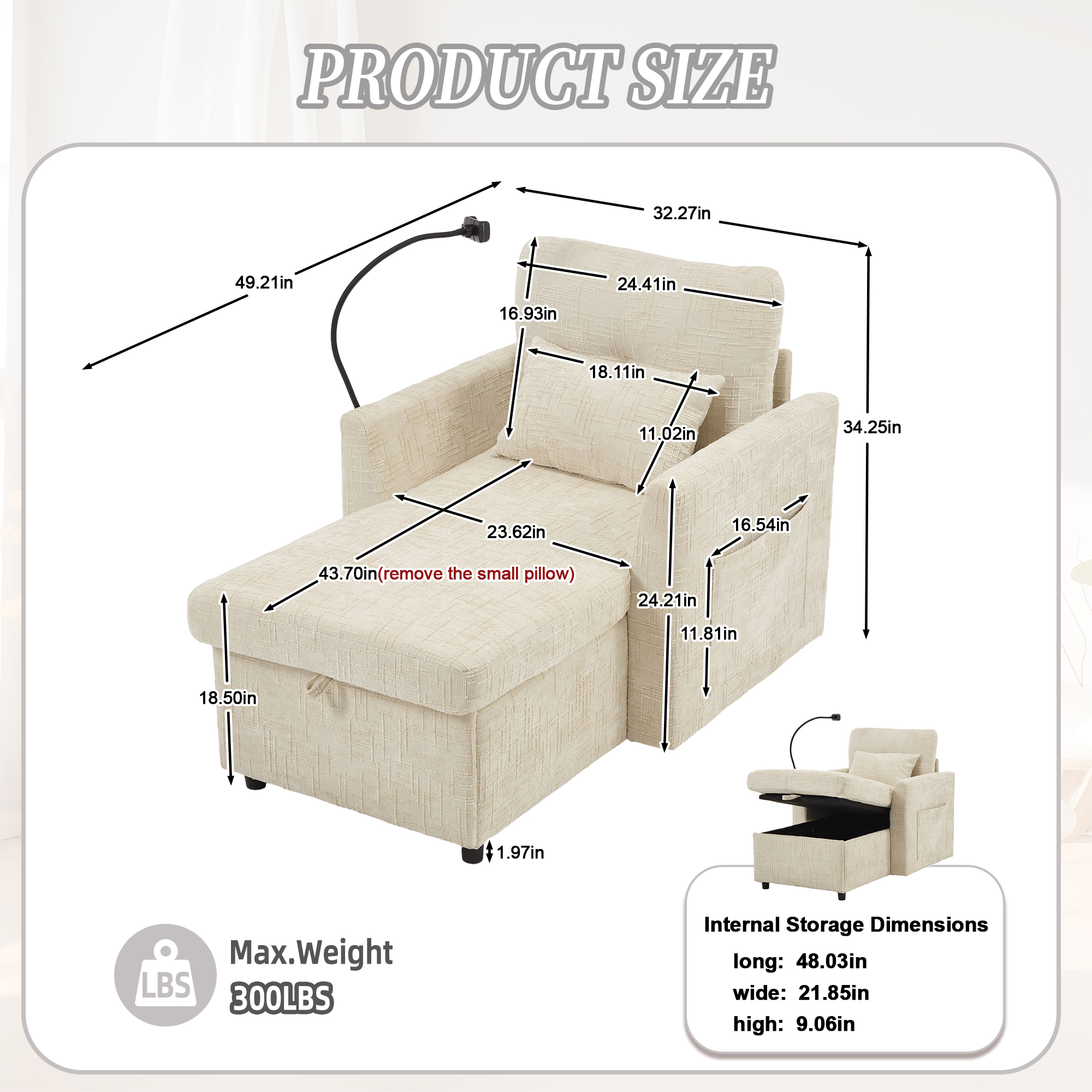 MOONMISS Chenille Upholstered Storage Lazy Single Leisure Chair Sofa with Phone Holder&Side Pocket-Beige