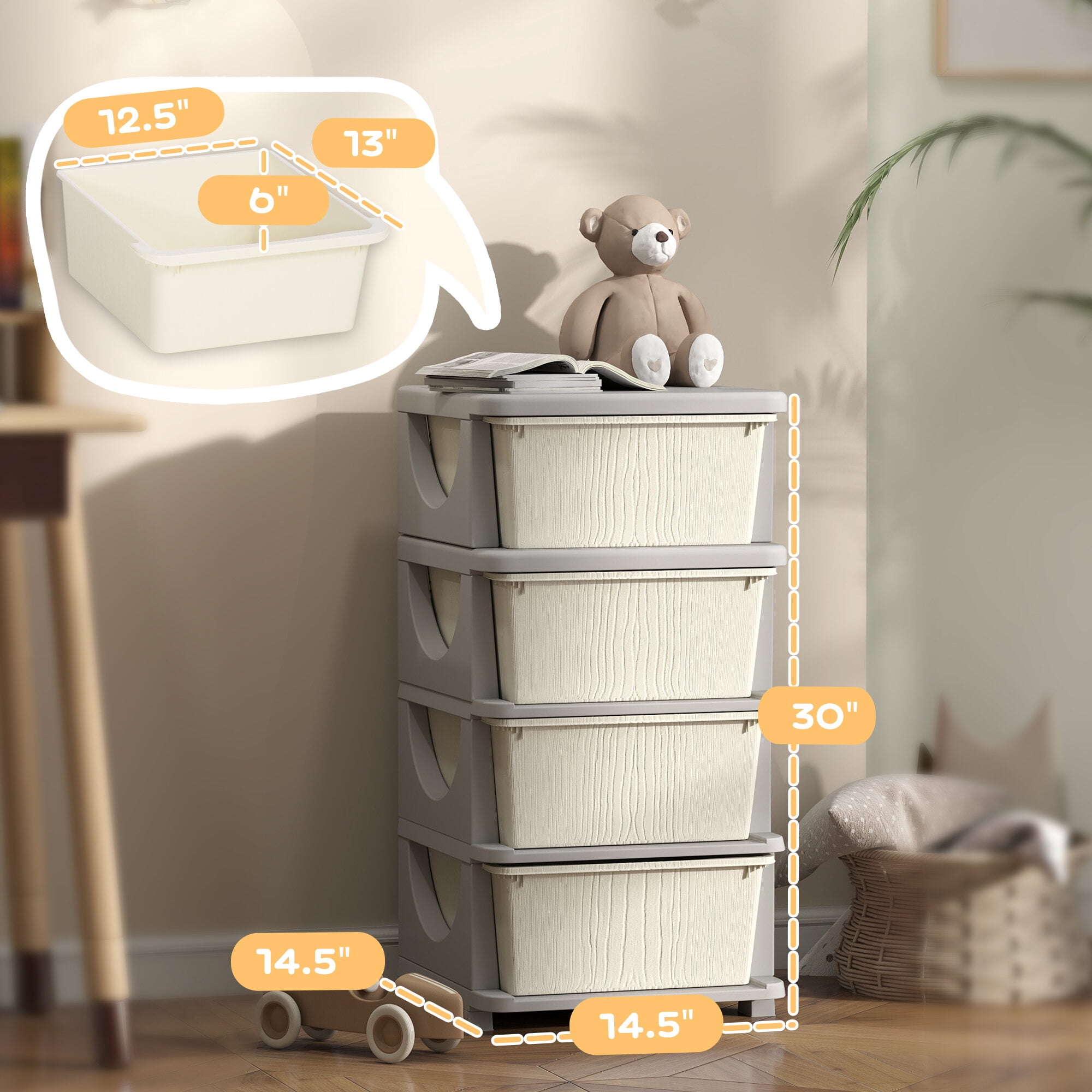 Qaba 4 Tier Kids Storage Unit,4 Drawer Chest Toy Organizer Plastic Bins for Kids Bedroom Nursery Kindergarten Living Room for Boys Girls Toddlers,Cream White,Cream White Plastic Furniture Youth Kids