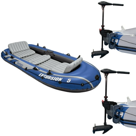 Intex Excursion 5 Inflatable Boat Set & 2 Transom Mount 8 Speed Trolling (Best Cartop Fishing Boat)