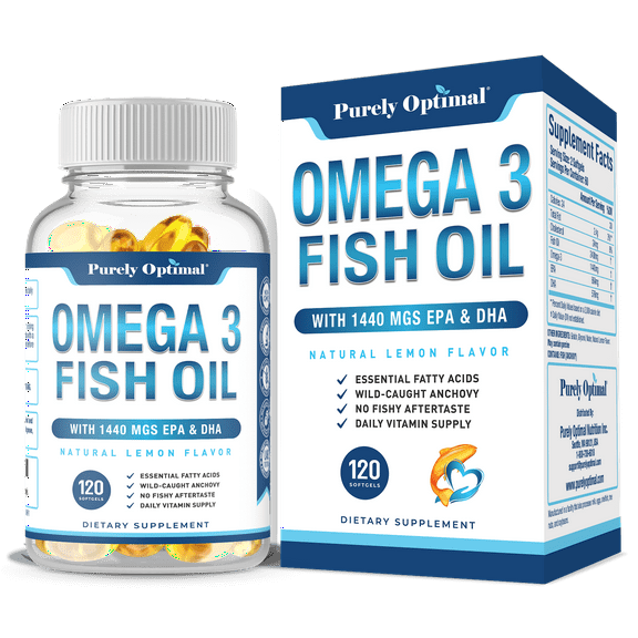 Purely Optimal Omega-3 Fish Oil Supplement 1440mg – Heart, Joint, Cognitive Support – Lemon-Flavored, No Fishy Aftertaste – 120 Softgels