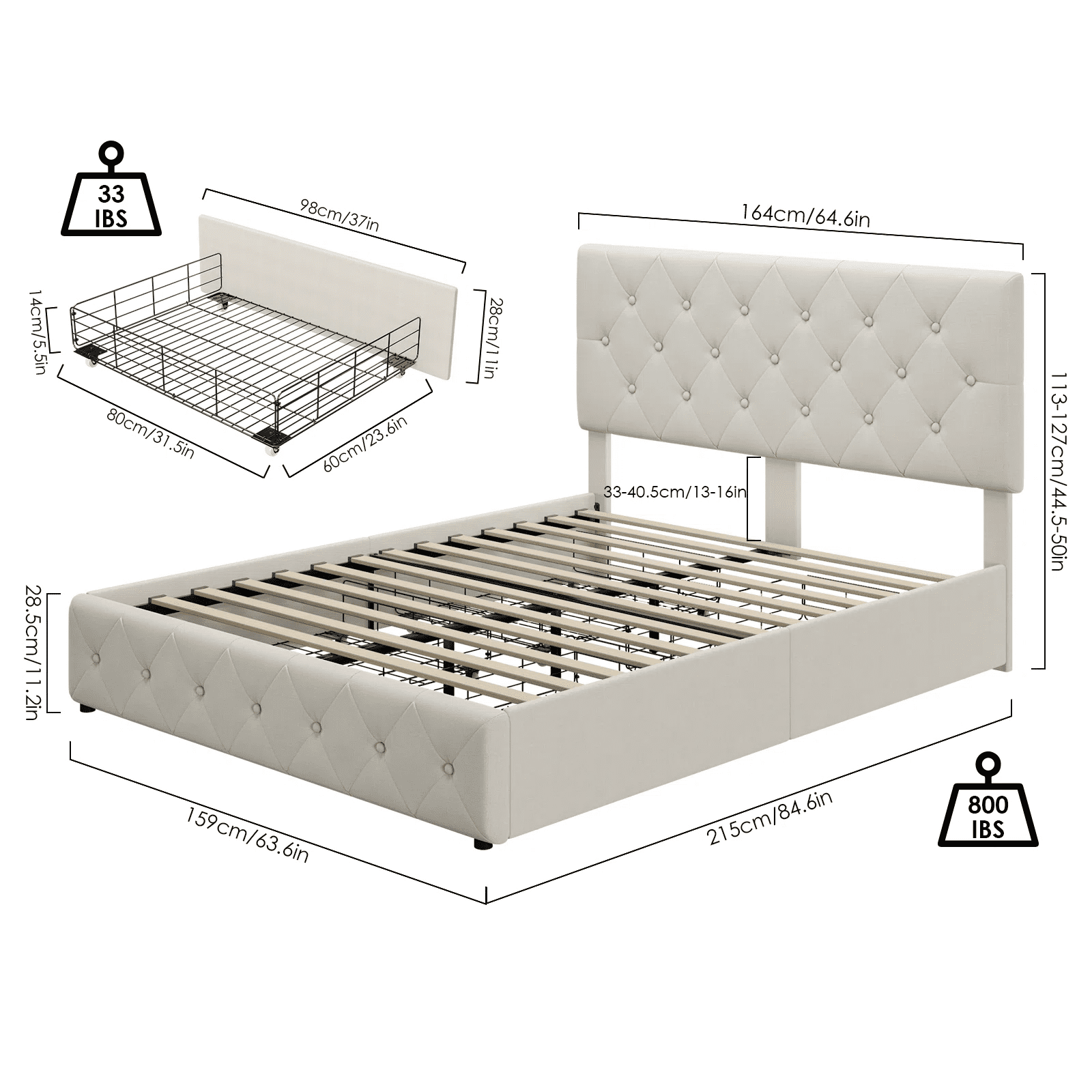 Homfa Queen Size 4 Storage Drawers Bed Frame, Square Tufted Upholstered Platform Bed with Adjustable Headboard, Off-white