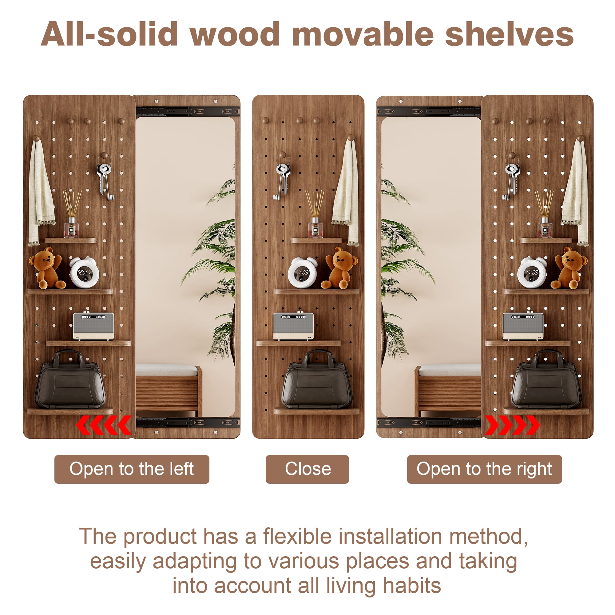 Leumius Wall Mounted Full Length Mirror,Full Body Mirror with Shelf,Multifunctional Wall Mounted Mirror with Hideable mirror for Entrance,Bedroom,Living Room,Walnut